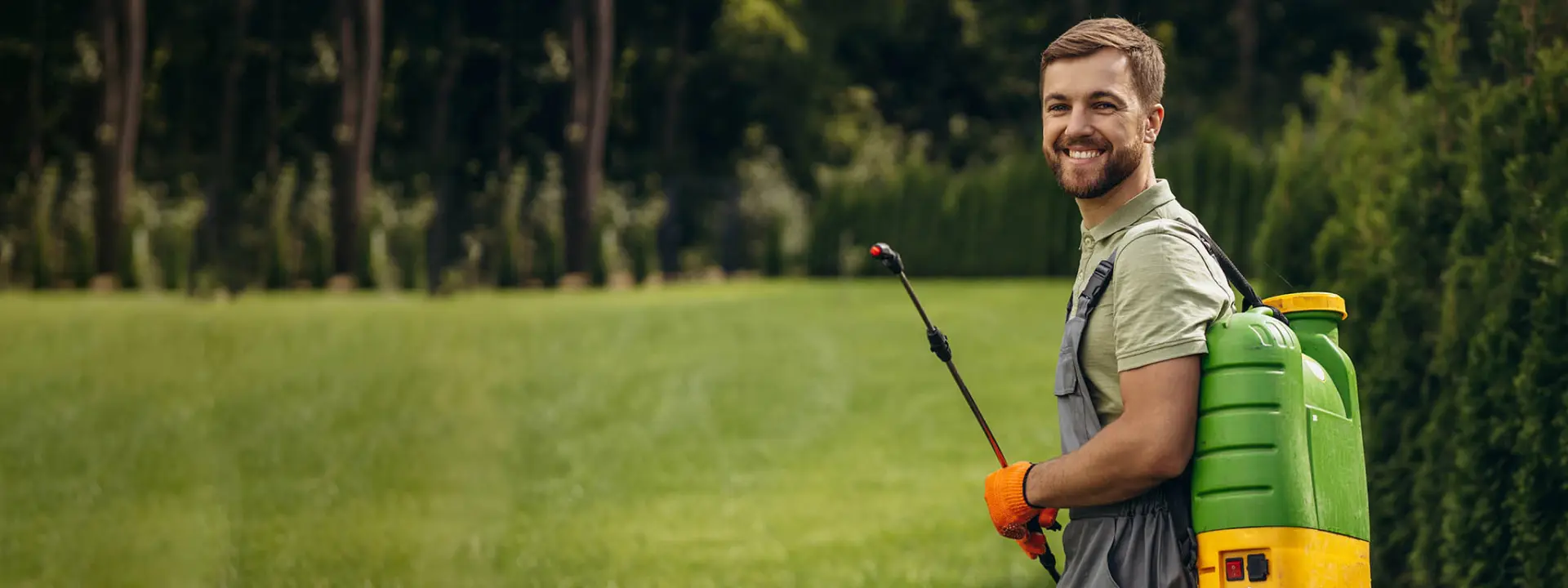 Personne qui fait un traitement de gazon